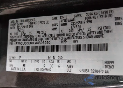 2016 Ford Escape Se из США, поврежденный, VIN 1FMCU0GX0GUB93950